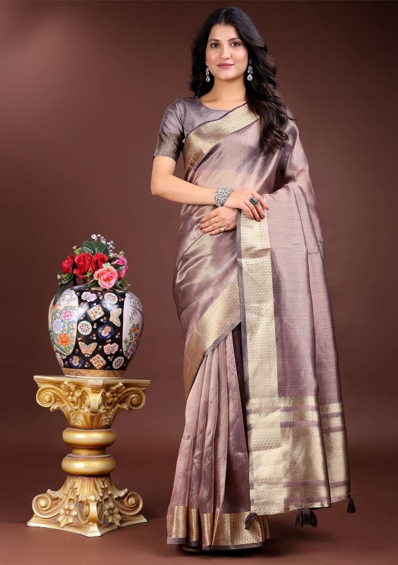Purple Zari Work Organza Saree Set - Indya