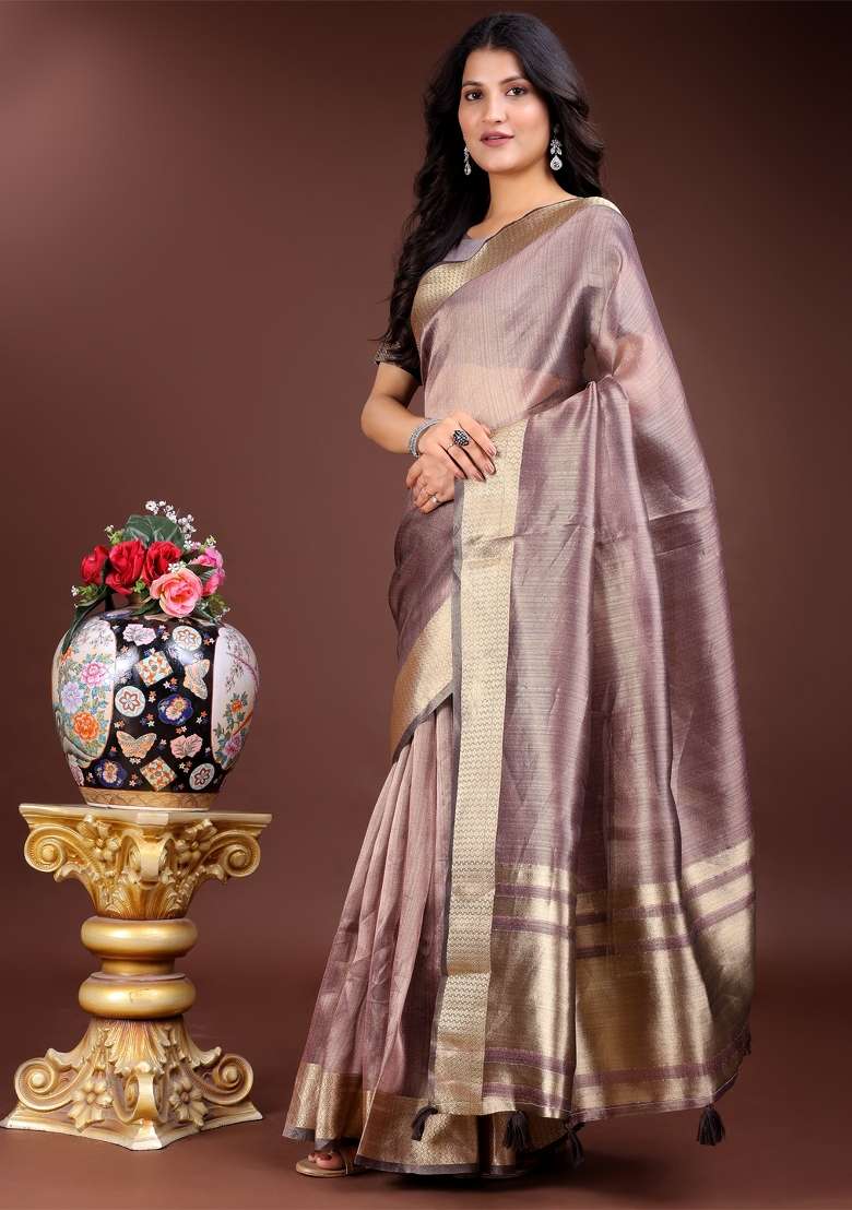 Purple Zari Work Organza Saree Set - Indya