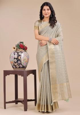 Beige Zari Work Organza Saree Set