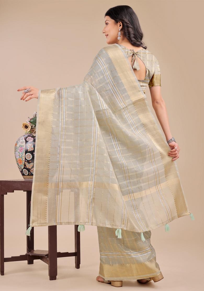 Beige Zari Work Organza Saree Set