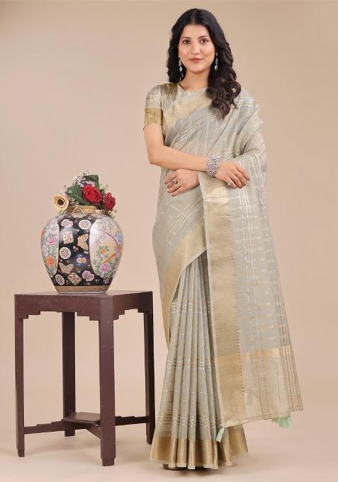 Beige Zari Work Organza Saree Set