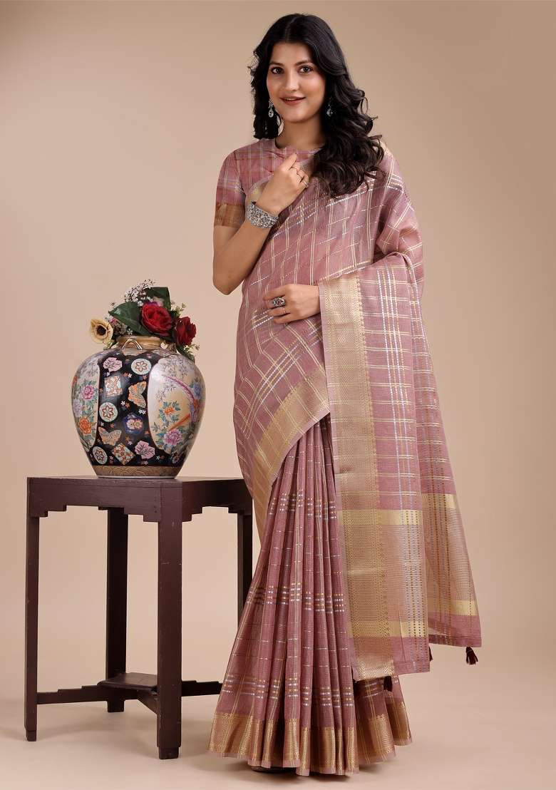 Purple Zari Work Organza Saree Set - Indya