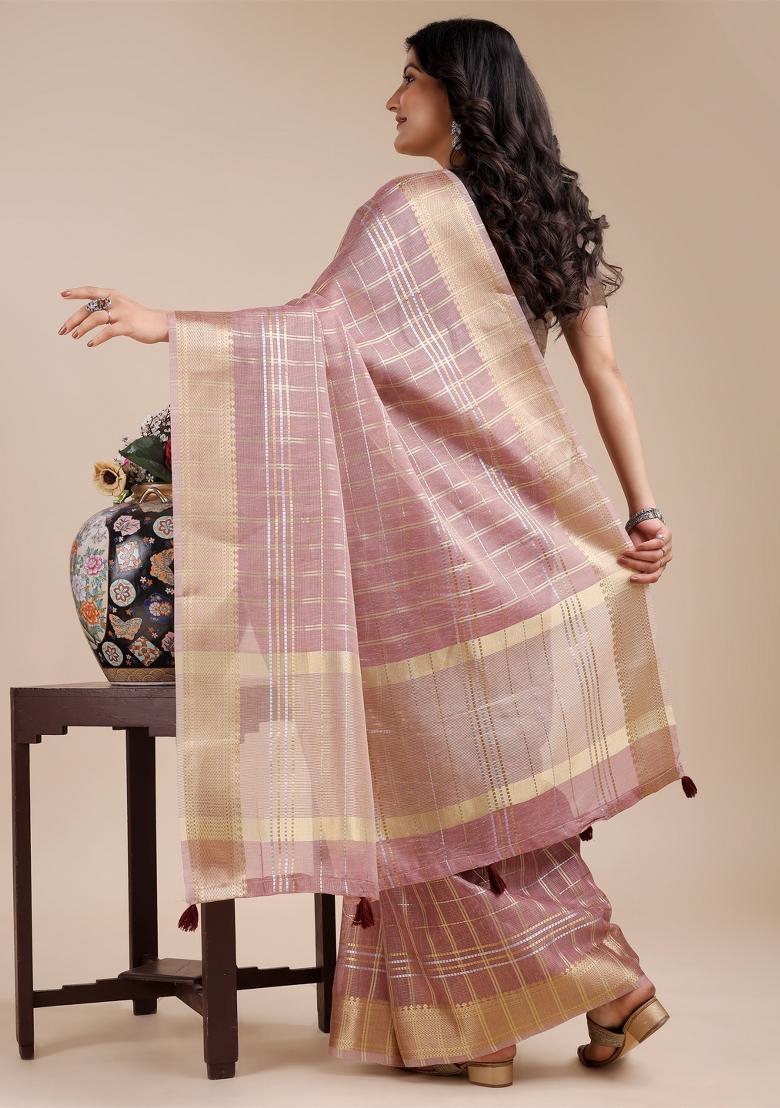 Purple Zari Work Organza Saree Set