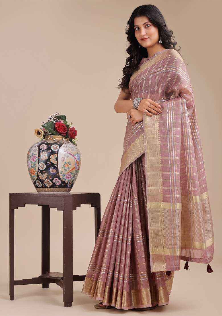 Purple Zari Work Organza Saree Set - Indya