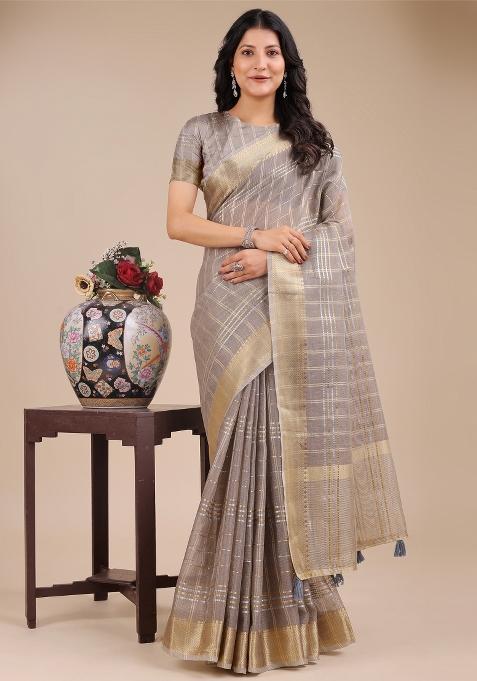 Tan Brown Zari Work Organza Saree Set