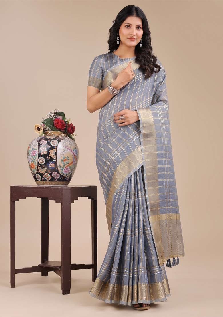 Sky Blue Zari Work Organza Saree Set - Indya