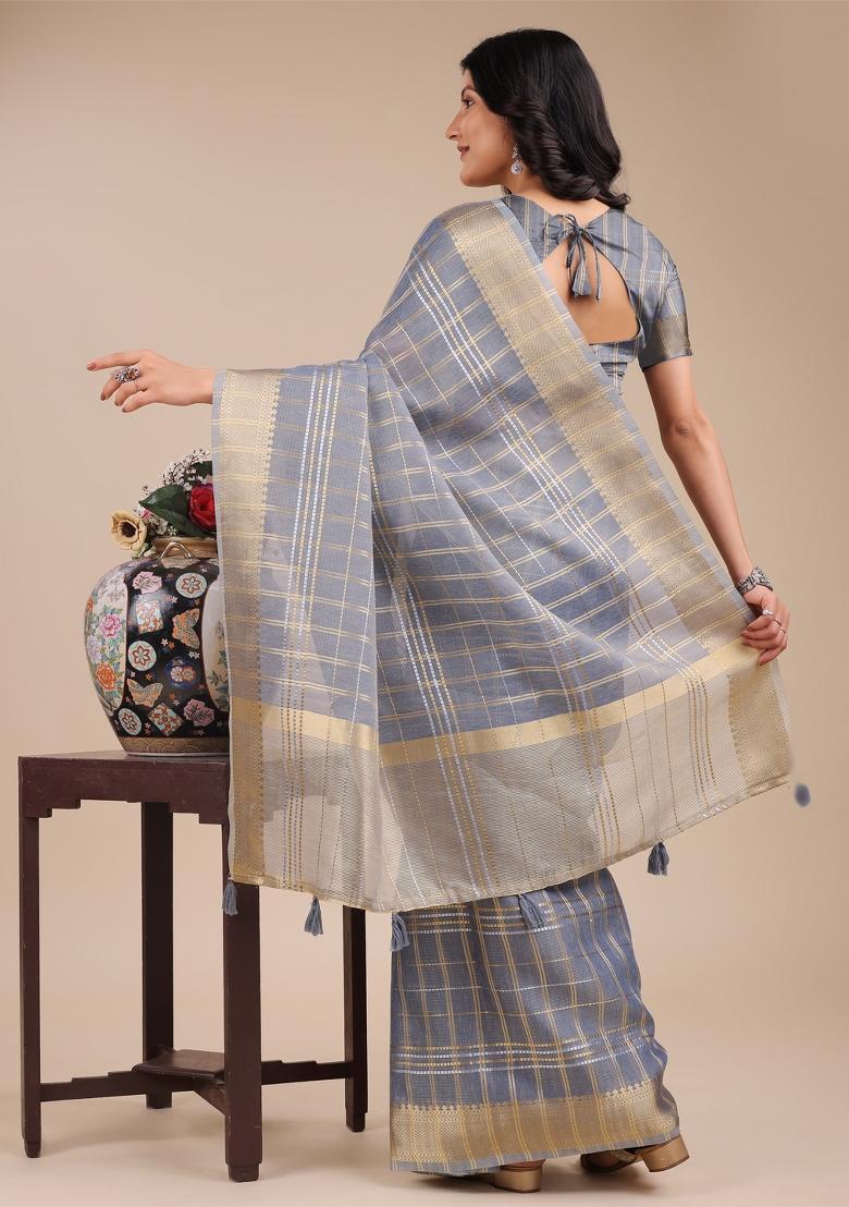 Sky Blue Zari Work Organza Saree Set