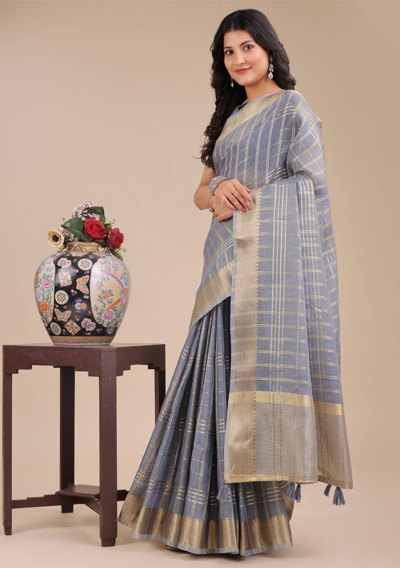 Sky Blue Zari Work Organza Saree Set - Indya