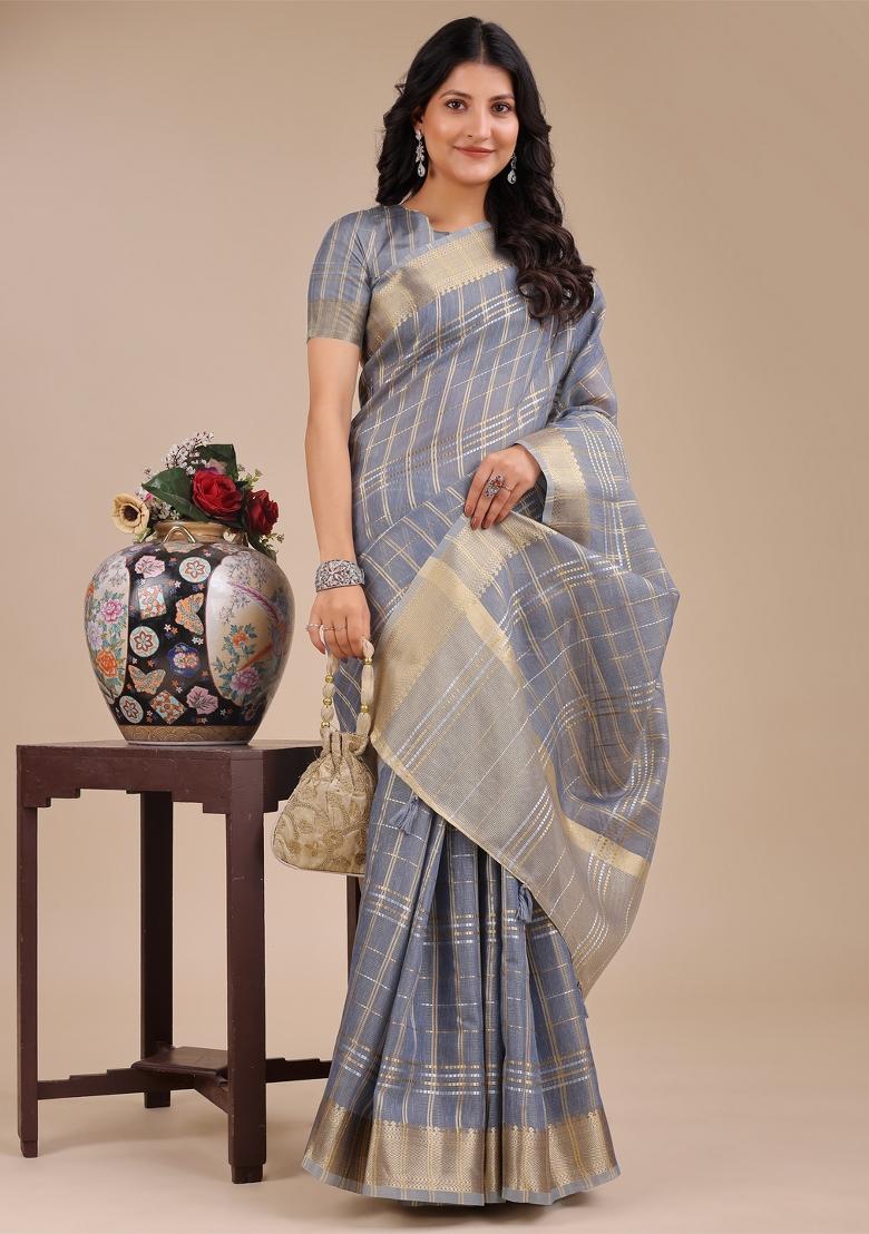 Sky Blue Zari Work Organza Saree Set