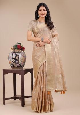 Cream Zari Work Organza Saree Set
