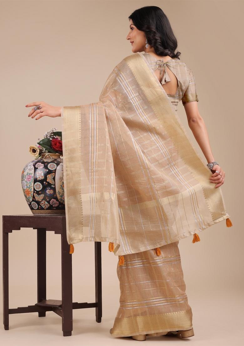 Cream Zari Work Organza Saree Set