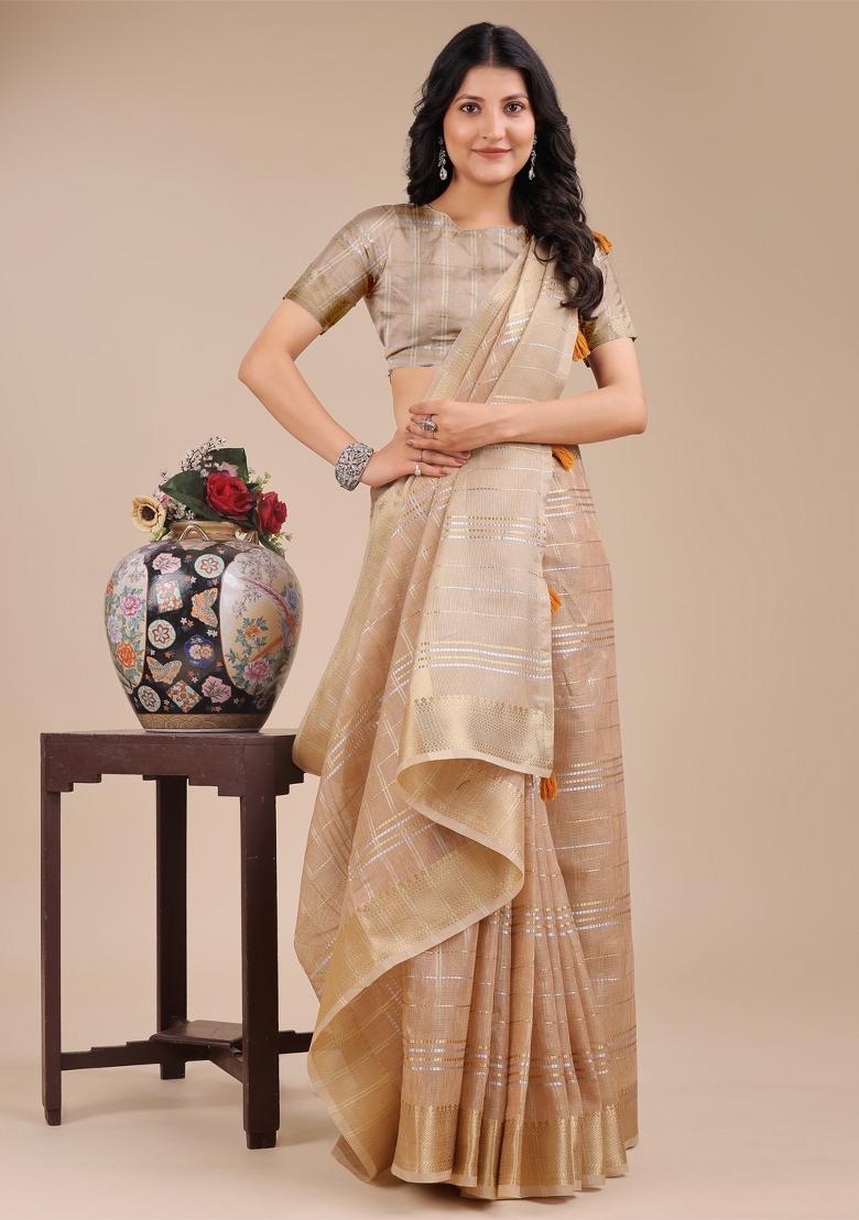 Cream Zari Work Organza Saree Set