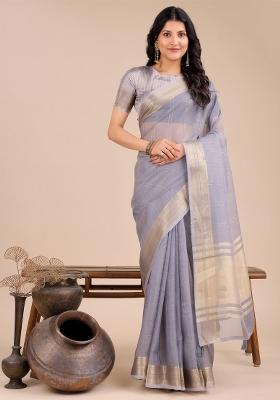 Grey Zari Work Organza Saree Set
