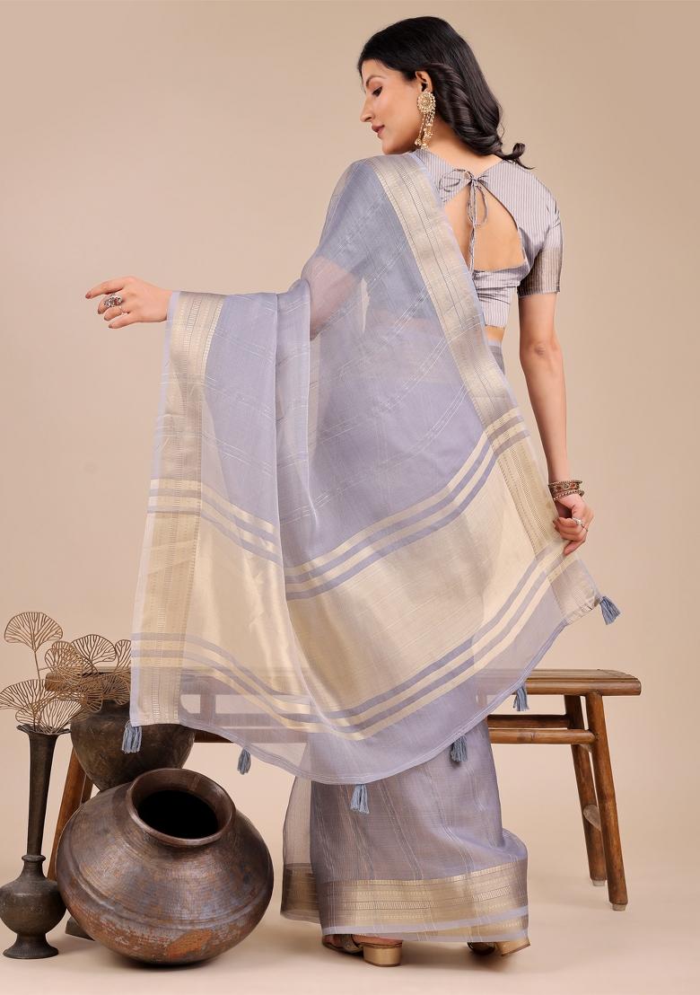 Grey Zari Work Organza Saree Set