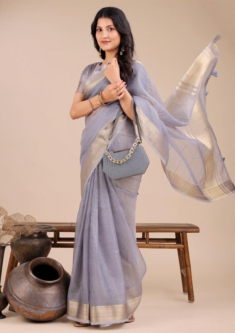 Grey Zari Work Organza Saree Set