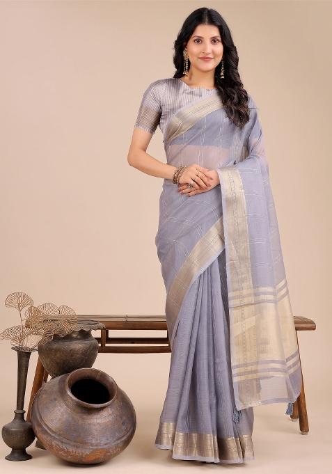 Grey Zari Work Organza Saree Set
