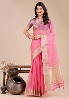 Pink Zari Work Organza Saree Set
