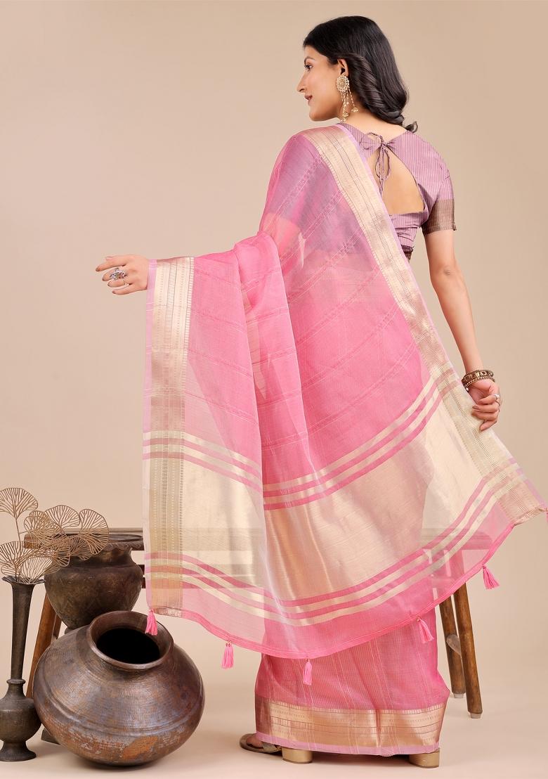 Pink Zari Work Organza Saree Set