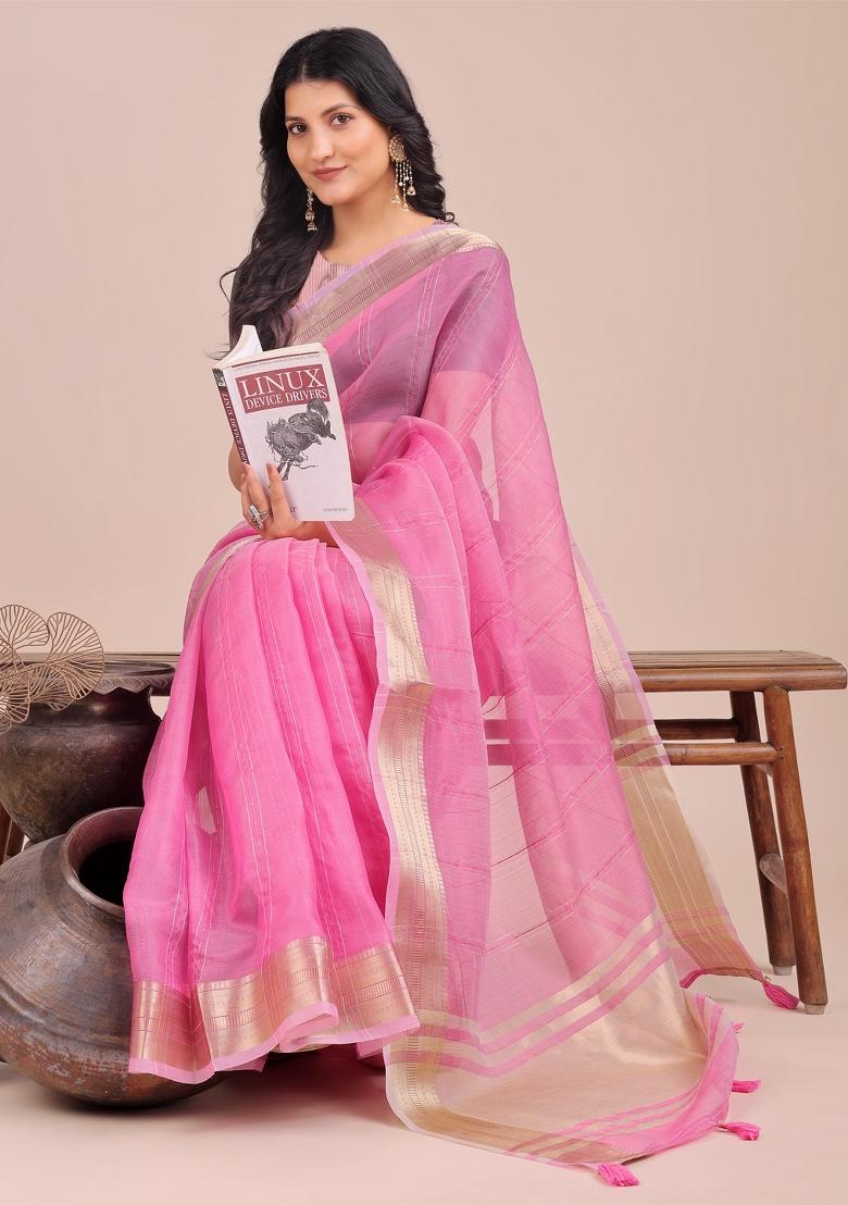Pink Zari Work Organza Saree Set