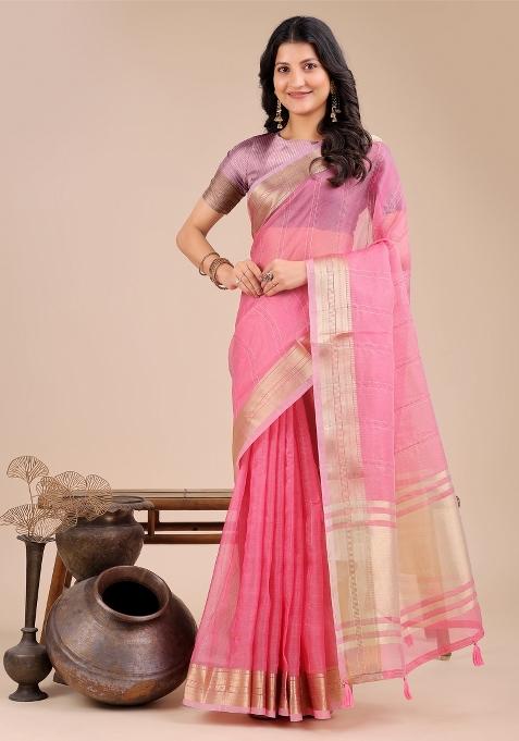 Pink Zari Work Organza Saree Set