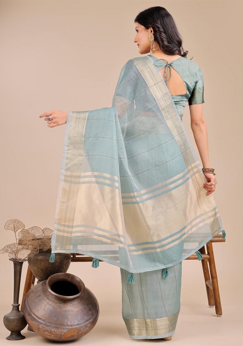 Sea Green Zari Work Organza Saree Set