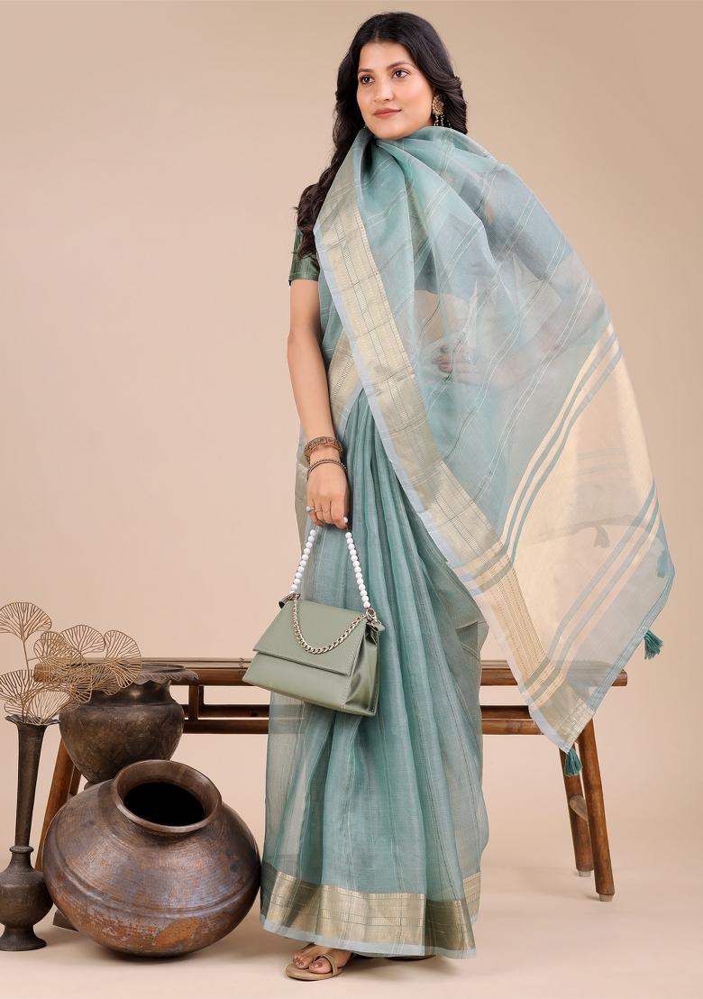Sea Green Zari Work Organza Saree Set