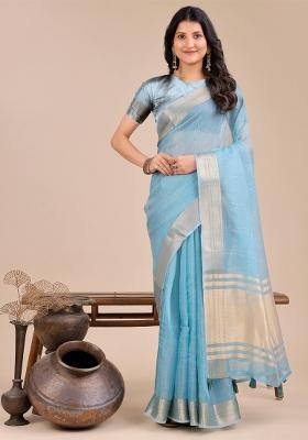 Sky Blue Zari Work Organza Saree Set