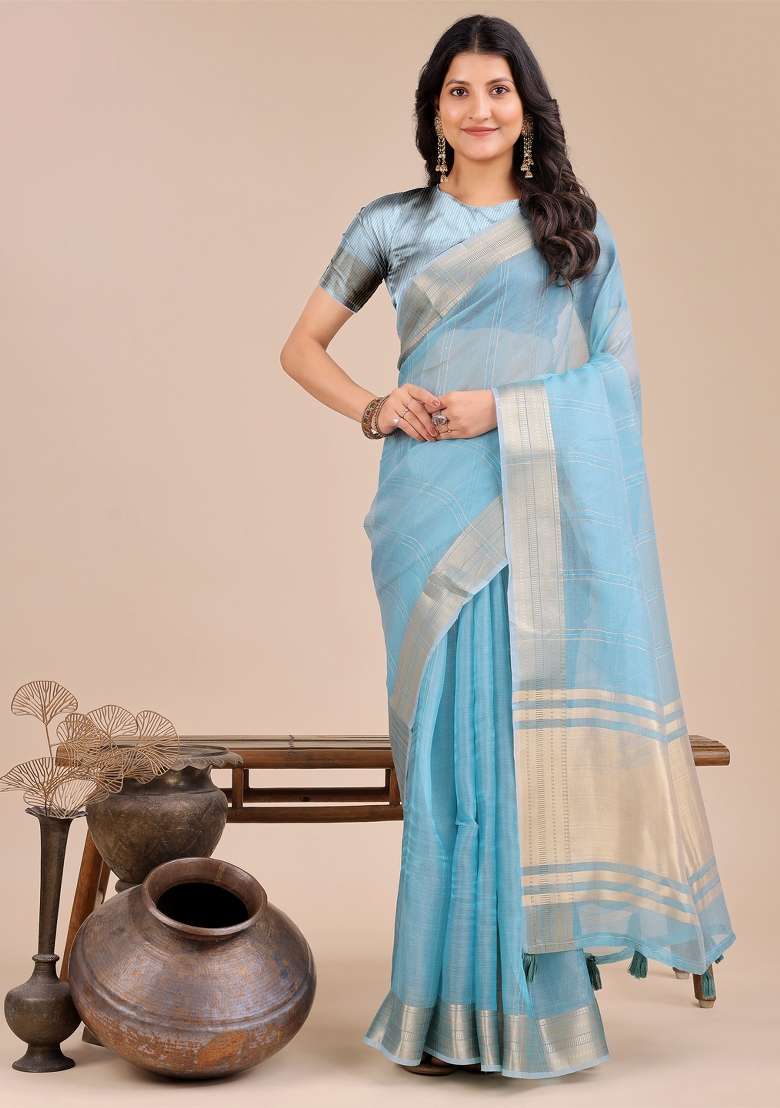 Sky Blue Zari Work Organza Saree Set - Indya