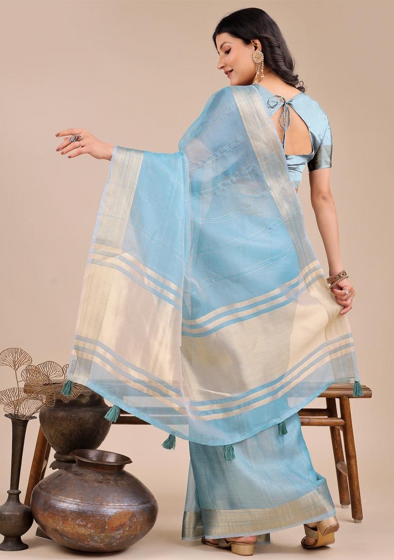 Sky Blue Zari Work Organza Saree Set