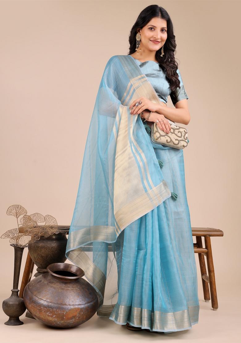 Sky Blue Zari Work Organza Saree Set