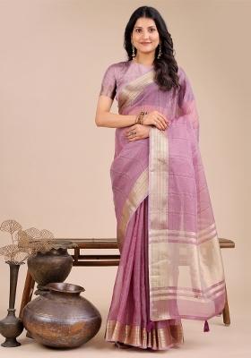 Purple Zari Work Organza Saree Set