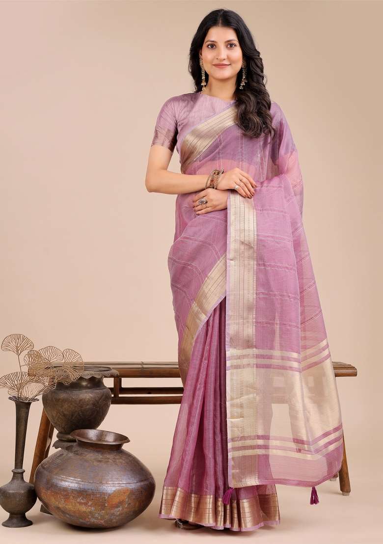 Purple Zari Work Organza Saree Set - Indya