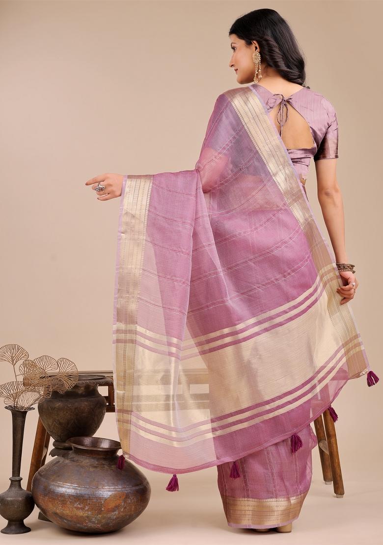 Purple Zari Work Organza Saree Set