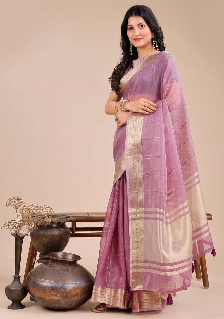 Purple Zari Work Organza Saree Set - Indya