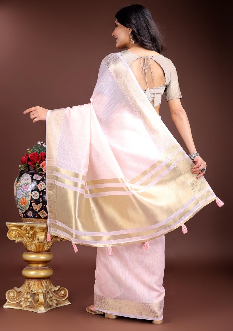Light Pink Zari Work Cotton Blend Saree Set