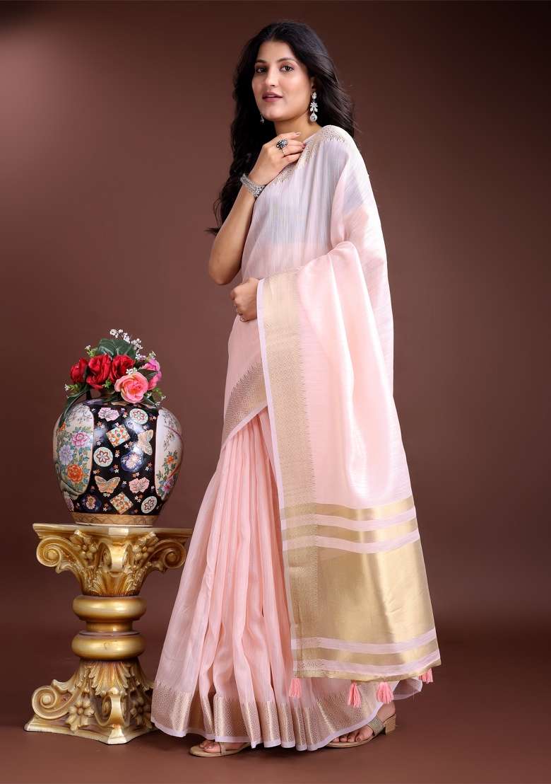 Light Pink Zari Work Cotton Blend Saree Set - Indya