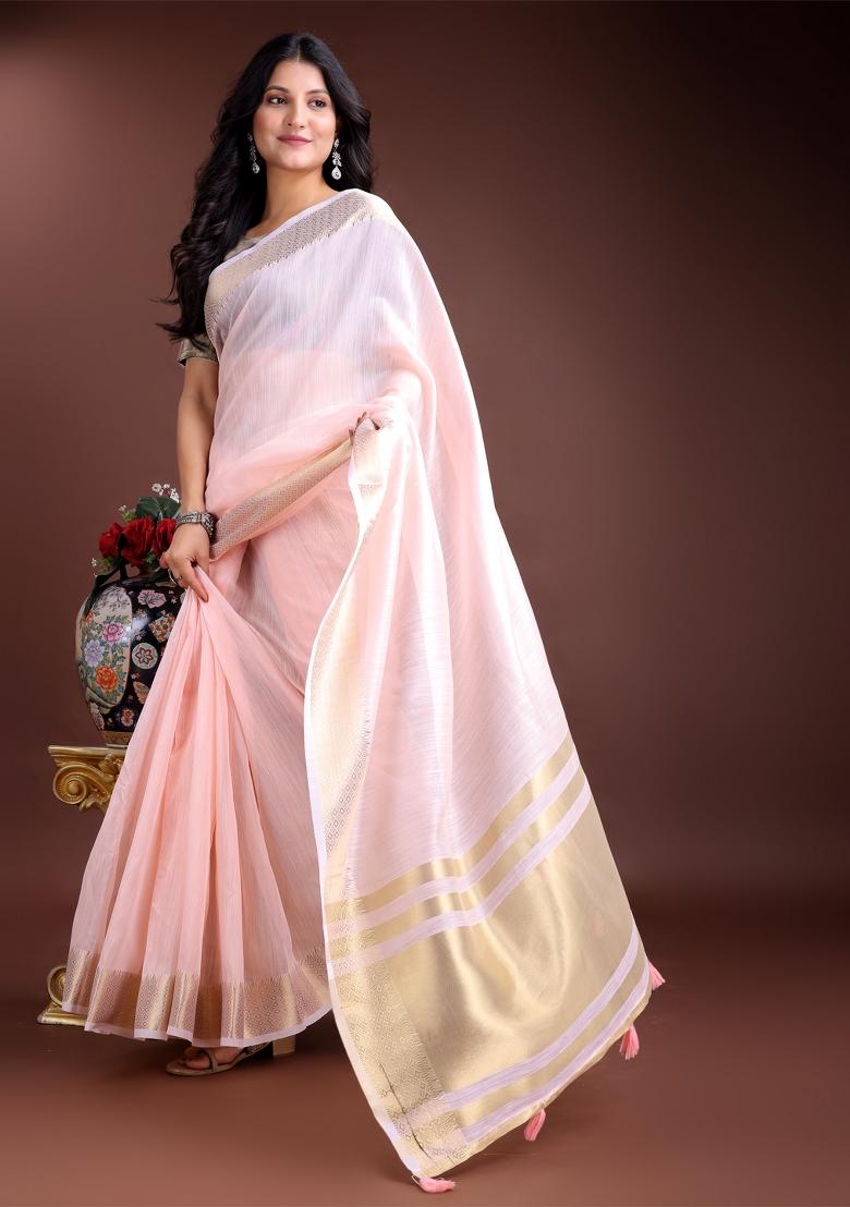 Light Pink Zari Work Cotton Blend Saree Set
