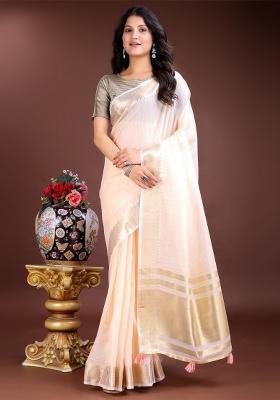 Peach Zari Work Cotton Blend Saree Set