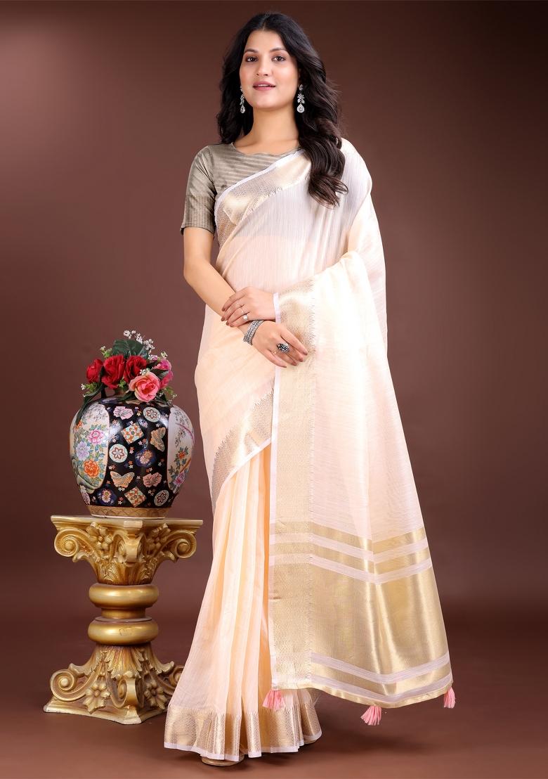 Peach Zari Work Cotton Blend Saree Set