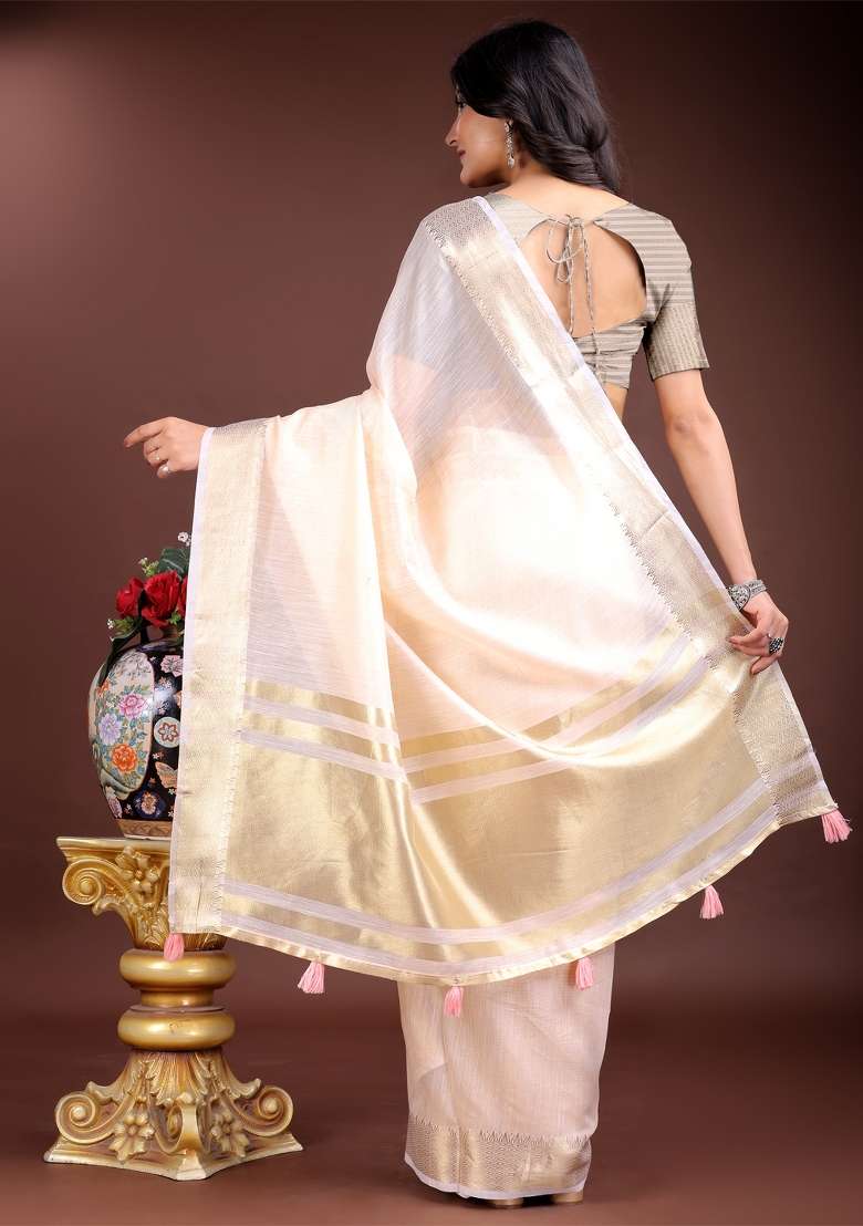 Peach Zari Work Cotton Blend Saree Set - Indya