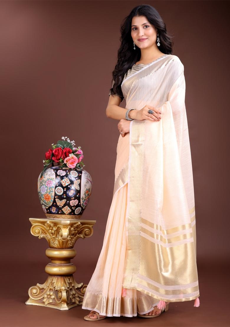 Peach Zari Work Cotton Blend Saree Set