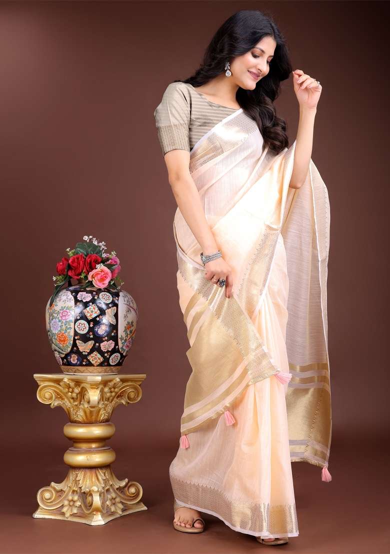 Peach Zari Work Cotton Blend Saree Set - Indya