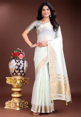 Light Green Zari Work Cotton Blend Saree Set