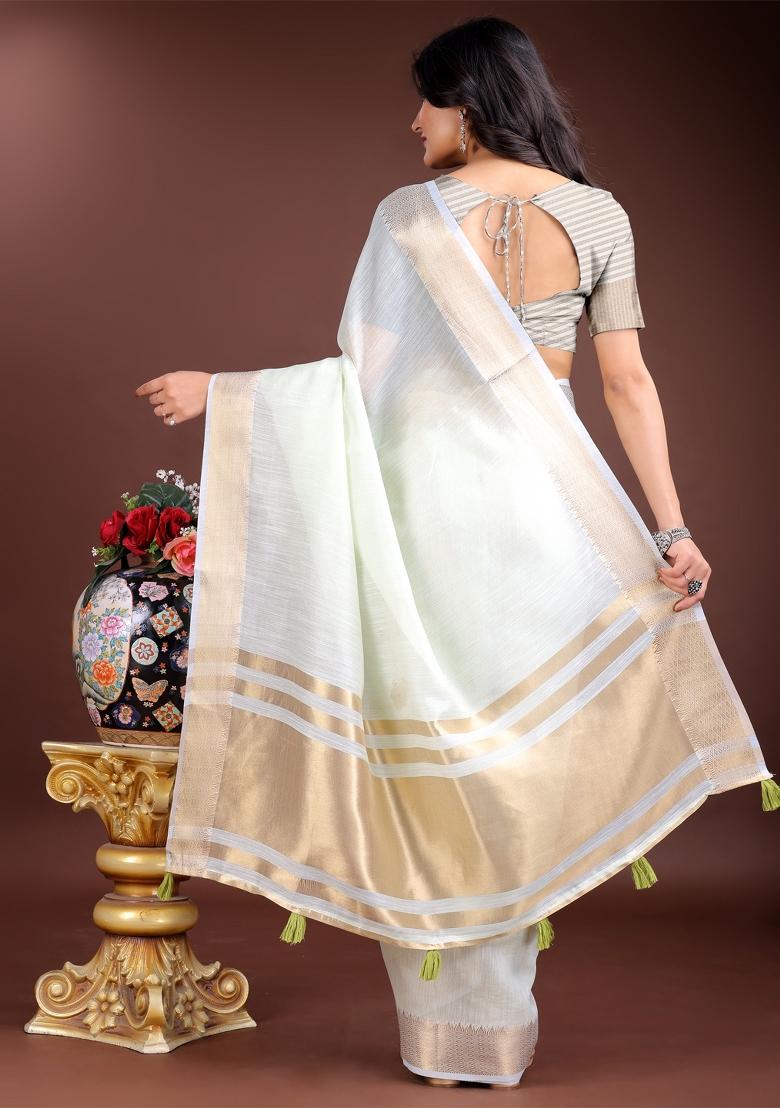 Light Green Zari Work Cotton Blend Saree Set