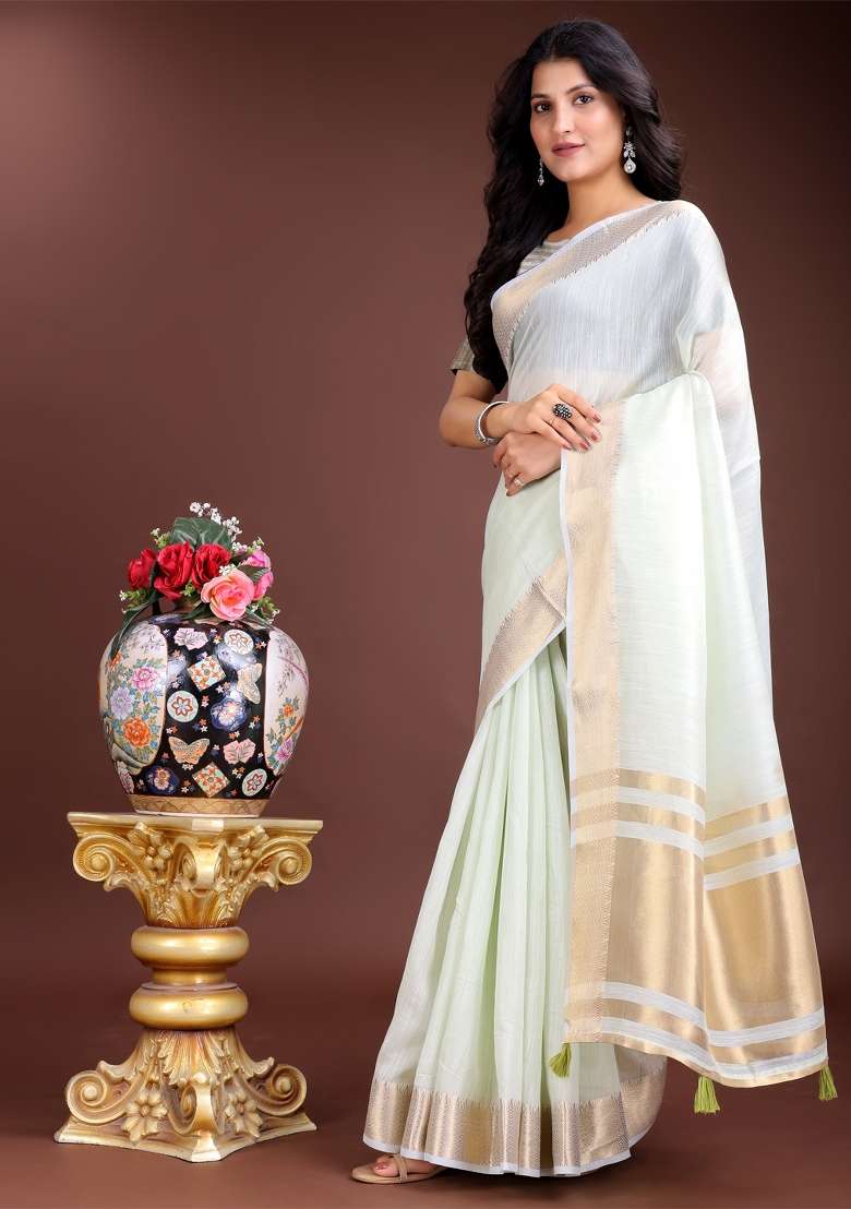 Light Green Zari Work Cotton Blend Saree Set - Indya