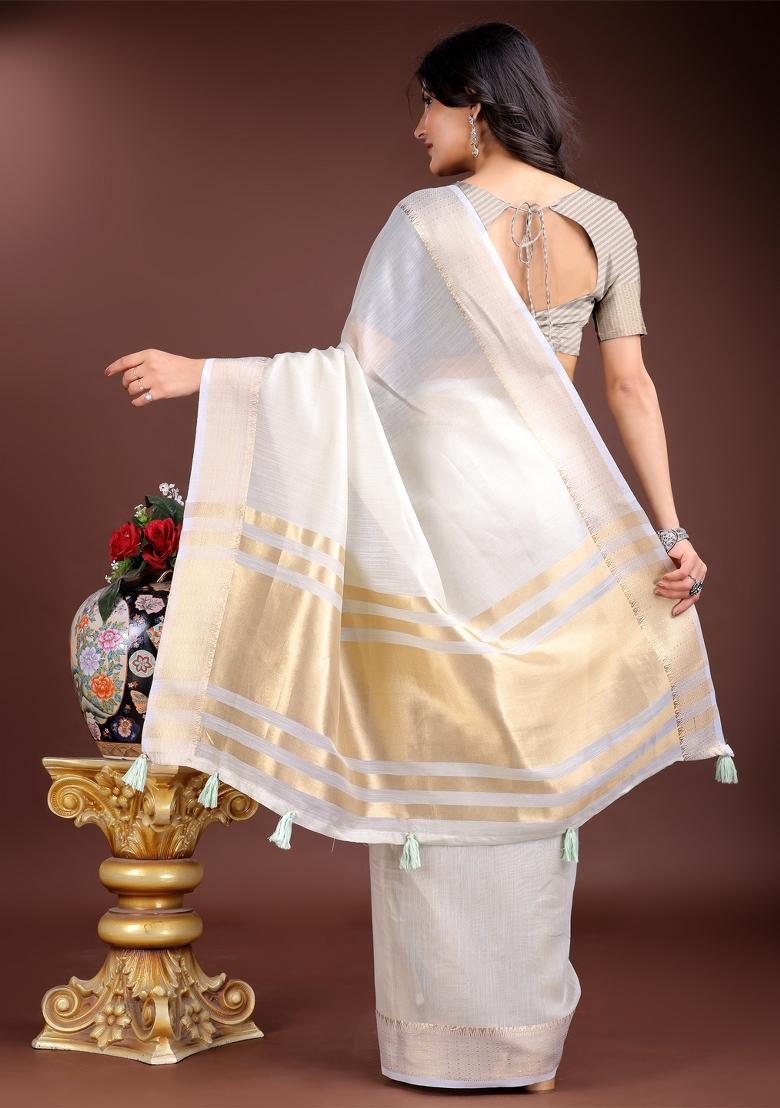 Grey Zari Work Cotton Blend Saree Set