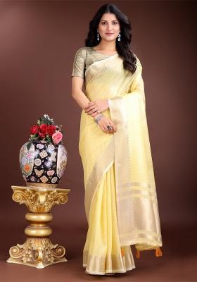 Yellow Zari Work Cotton Blend Saree Set
