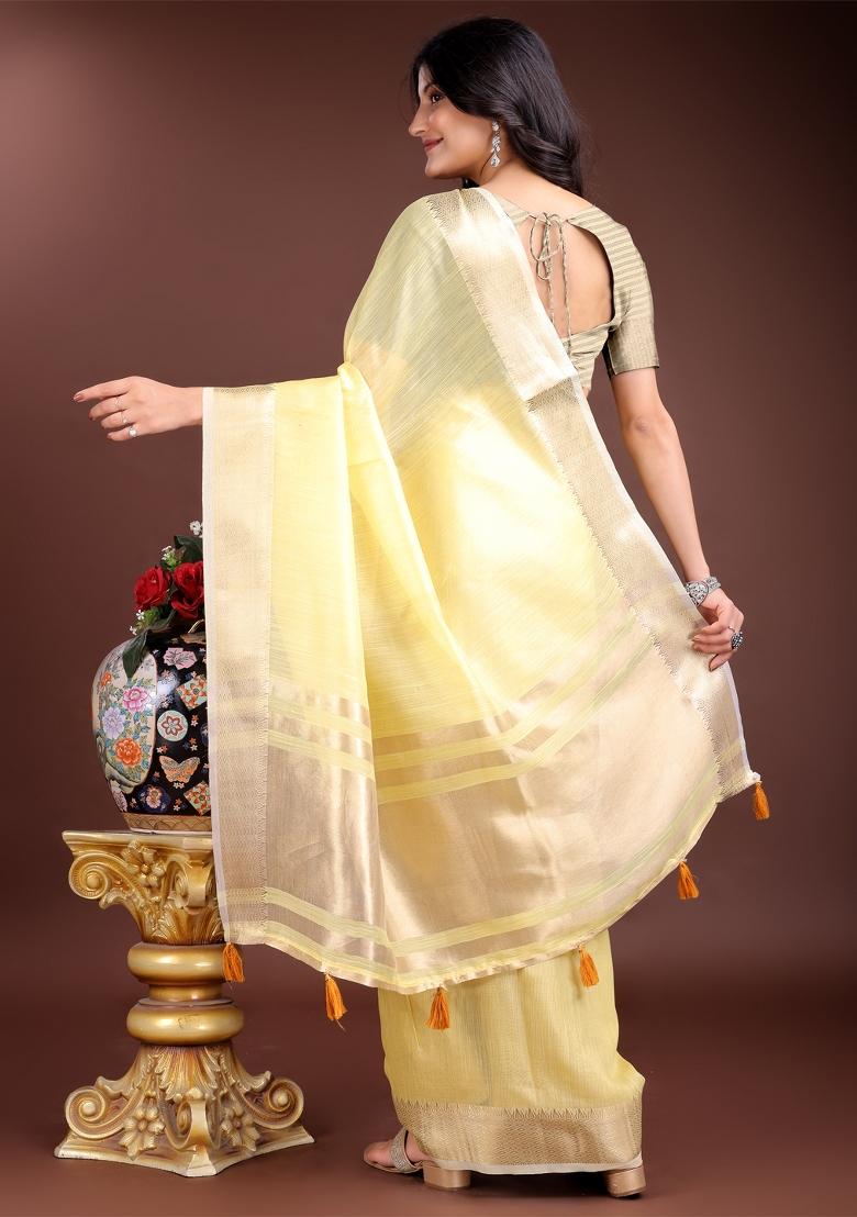 Yellow Zari Work Cotton Blend Saree Set