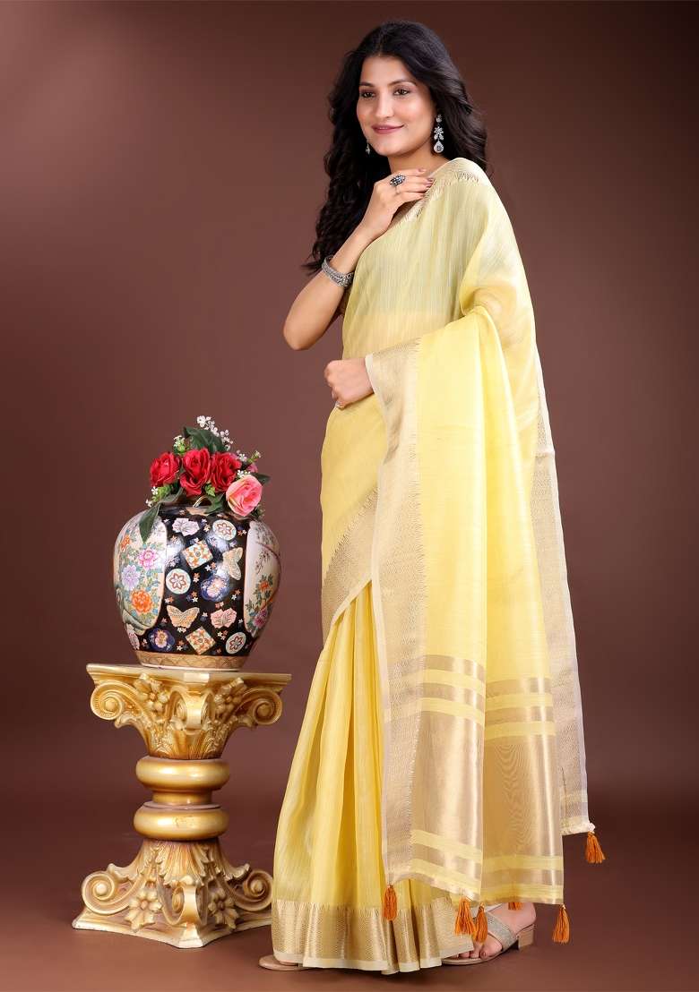 Yellow Zari Work Cotton Blend Saree Set - Indya