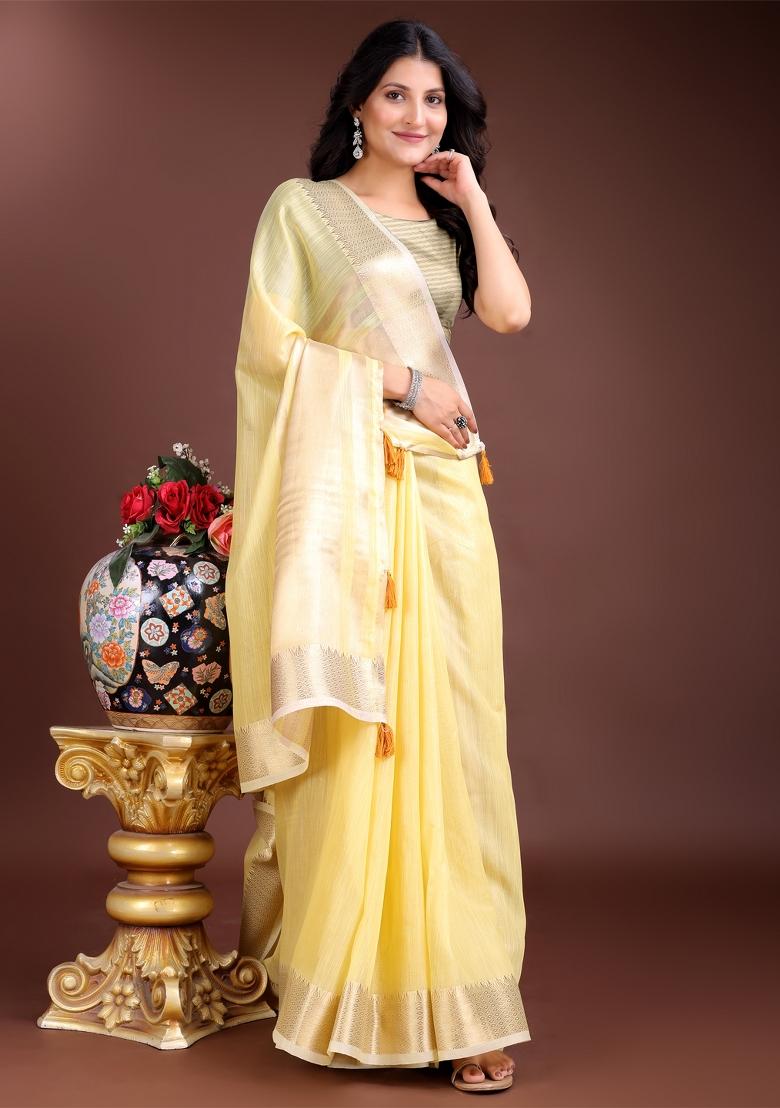 Yellow Zari Work Cotton Blend Saree Set
